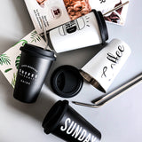 Black White Stainless Steel Silicone Mugs Hand Cup With Straw Lid Cup Sleeve Mug Tea Milk Cups Home Office School Gift 1PCS